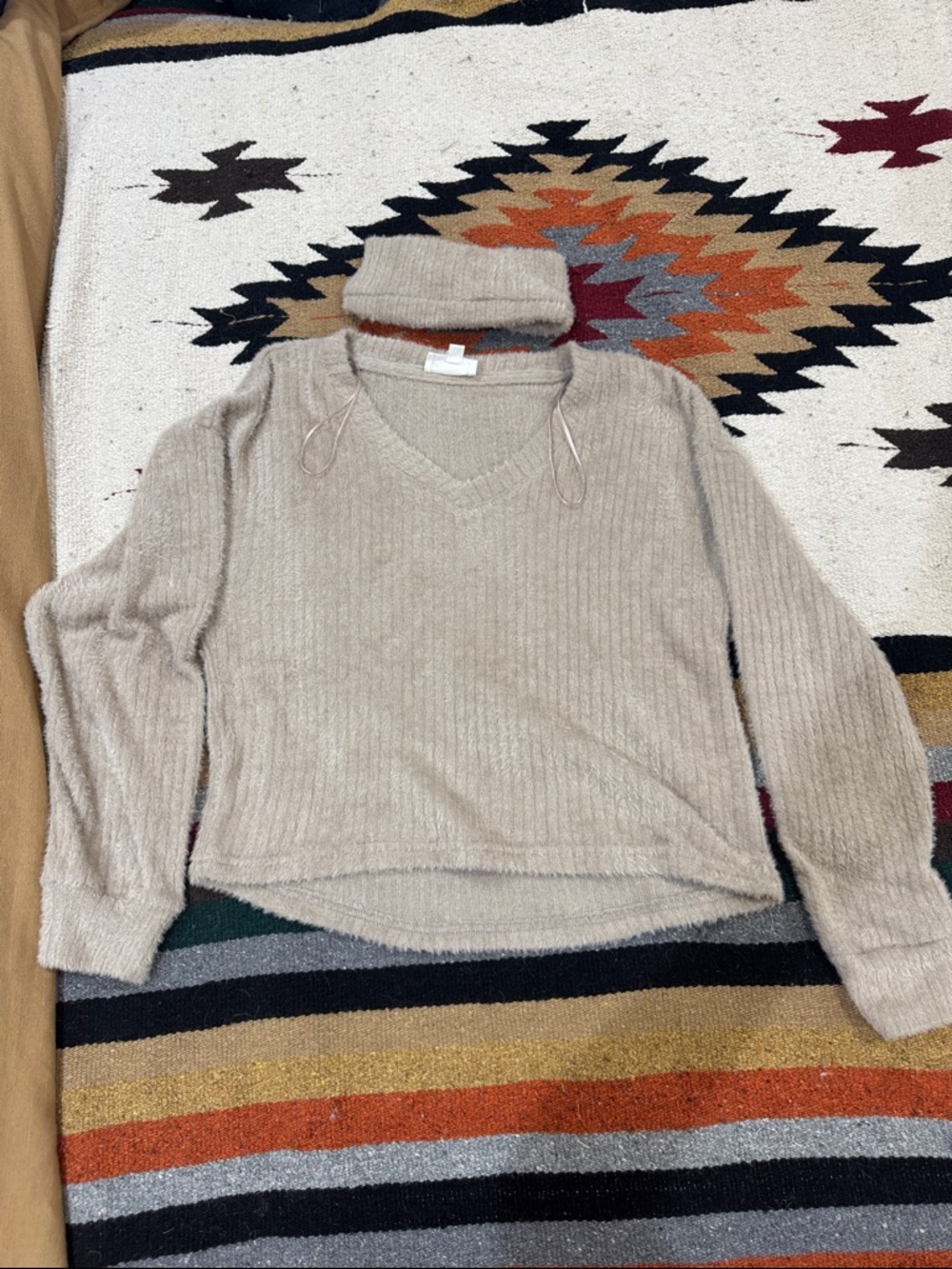 Cozy Rib-Knit V-Neck Sweater in Beige